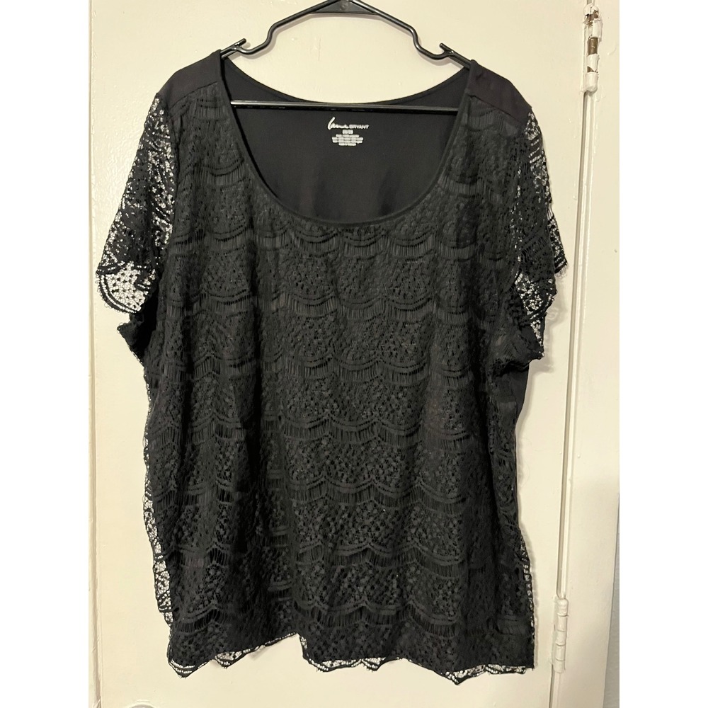 Lane Bryant Womens 26/28 Black‎ Lace Front Short Sleeve Scoop Neck Blouse Top